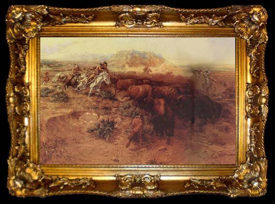 framed  Charles M Russell The Buffalo hunt, ta009-2